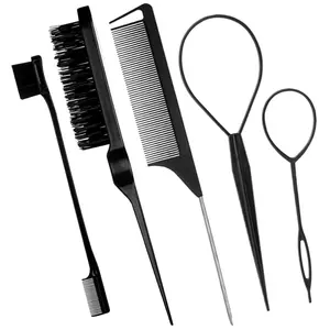 Christmas Gift 5PCS Slick Back Brush Set With Topsy Tail Tool, Teasing Bristle And Rat Comb For Women And Girls Hair Styling, Flyaways Control And Edge Combing for Girls