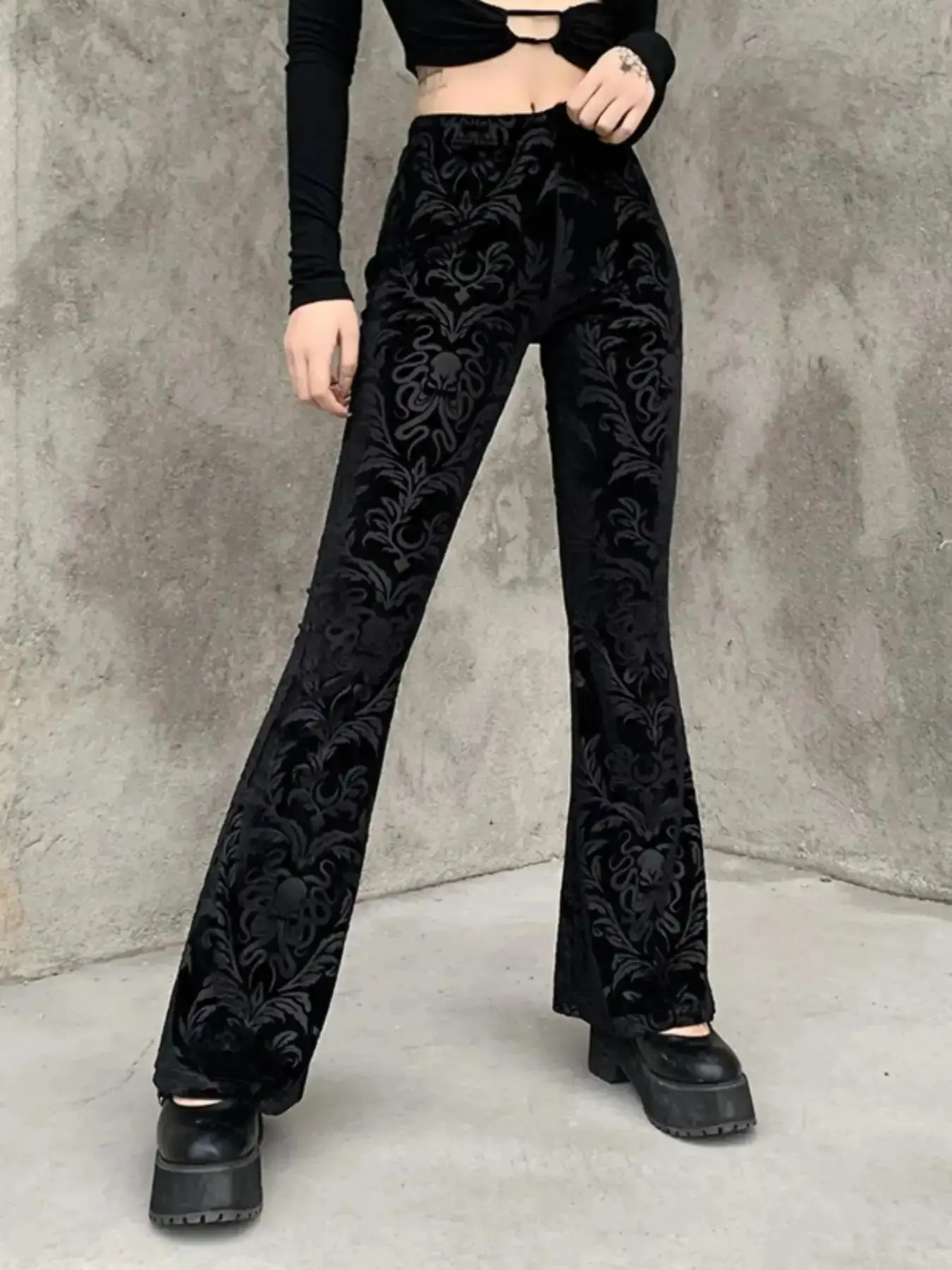 Women's Ethnic Pattern Elastic Waist Flare Leg Pants, Comfort Womenswear, Casual Trendy Versatile, Fall Clothes, Comfy Bell Bottom Velvet Trousers for luxe feel spring summer athleisure elevated basics