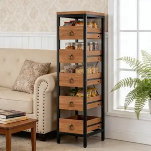 5-Tier Kitchen Fruit & Vegetable Storage Rack, Utility Organizer Standing Shelf – Narrow Snack Fruit Display Stand w/ 5 Pull-Out Drawer Baskets, for Kitchen, Living Room, Bathroom, Supermarket