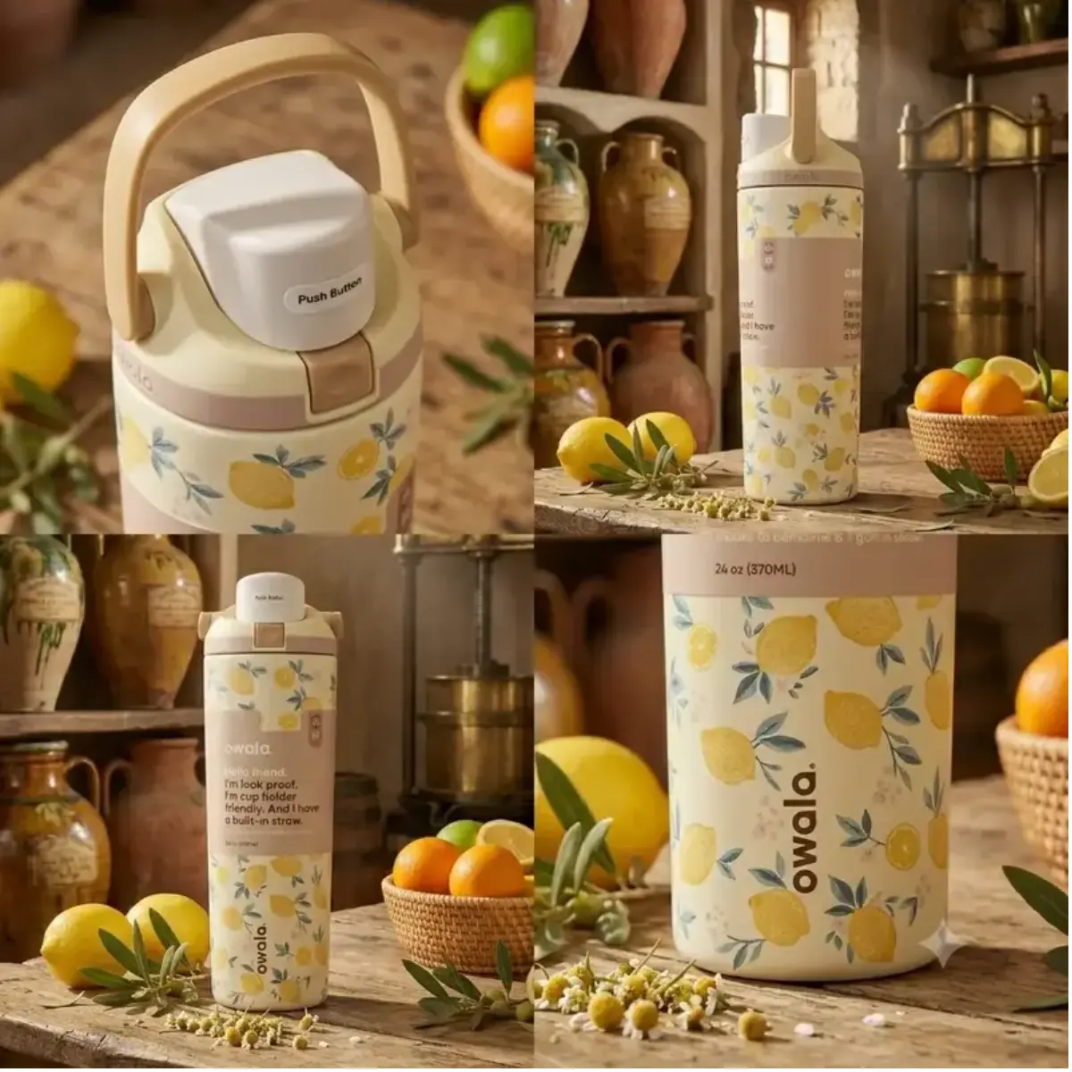 Owala Lemon Floral 30oz Stainless Steel Water Bottle , Leakproof, Built-In Straw Travel Tumbler for Kitchen & Drinkware Use