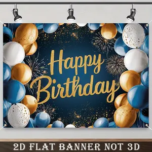 2D Flat Banner, 1pc Black Silvery Balloon Background with Golden Stars, Perfect for Birthday, Celebration, Parties Decoration, Polyester Material, Birthday Party Decorations | Starry Night Design | Durable Balloons, Birthday Party Decorations