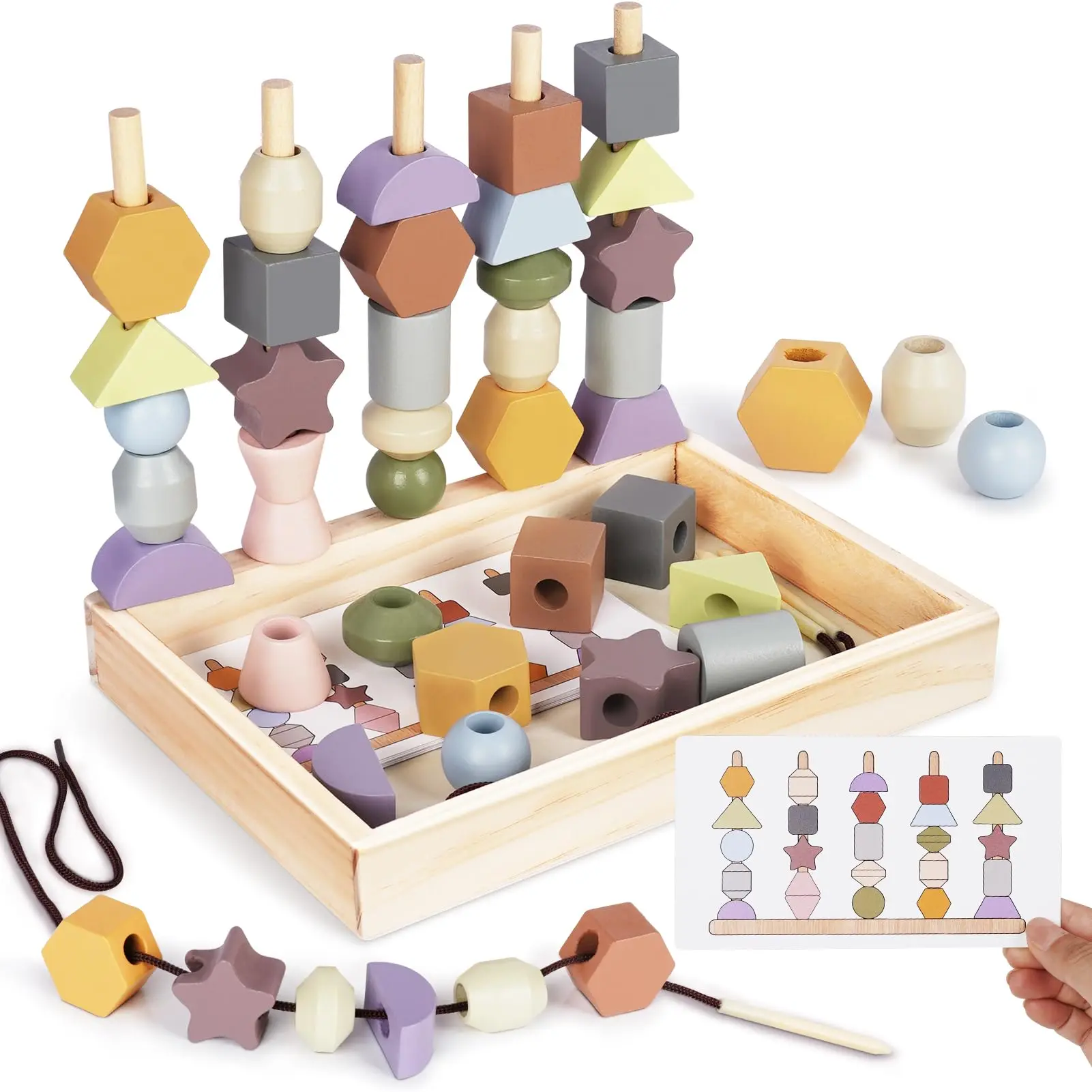Joyreal Montessori  Shape Sorter Toys - Wooden Lacing Beads & Stacking Blocks Toys, Preschool Learning Activities With Beads Sequencing Set for Kids Age 3+, Early Childhood Education