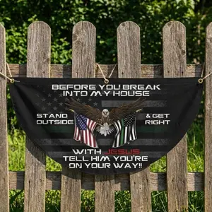 Patriotic Eagle Flag Banner – “Before You Break Into My House” Funny Warning Sign, USA Outdoor Decor