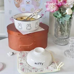 Kawaii ​​ Ceramic Ramen Bowl with Double Handles Cute Rabbit Microwave-Safe Insulated Soup Bowl for Home Use Kitchenware
