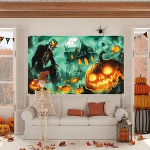 Halloween Photo Backdrop Banner, Skull Pumpkin Design, Party Decoration & Home Use, No Power Needed, Multiple Sizes Available