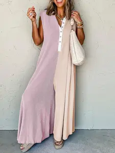 Women's Colorblock Print Button Jumpsuit, Casual Sleeveless Baggy Jumpsuit for Daily Wear, Ladies Clothes for All Seasons, Womenswear, Loose Clothes for Women, Casual Comfy Jumpsuit, Casual Jumpsuits, Oversized Flare Jumpsuits