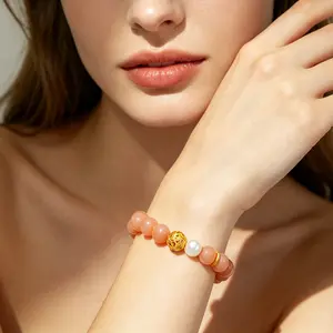 Women's Handcrafted Natural Orange Moonstone and Sunstone Crystals Bracelet - Hand Chain with Sun-and-Moon Energy, Healing Natural Crystal Jewelry Accessory