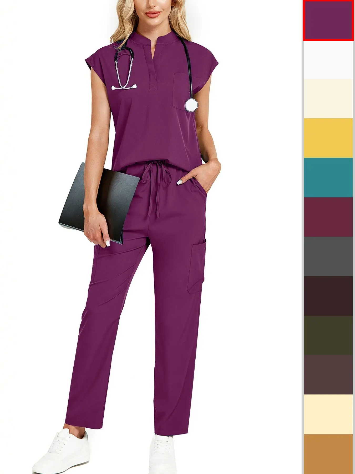 Cimmuovere Women's Solid Notched Neck Batwing Sleeve Top & Drawstring Waist Adjustable Pants Two-Piece Scrub Set, Casual Cap Sleeve Top & Pocket Trousers for Summer, Women's Uniforms for Work