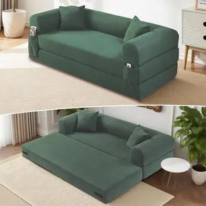 80" Convertible Sofa Bed, Corduroy Deep Seat Folding Pull Out Couch with Pillows, No Assembly Modern Boneless Couch Compression Sofa in Box, Floor Sofa with Storage Pocket for Living Room,Dark Green