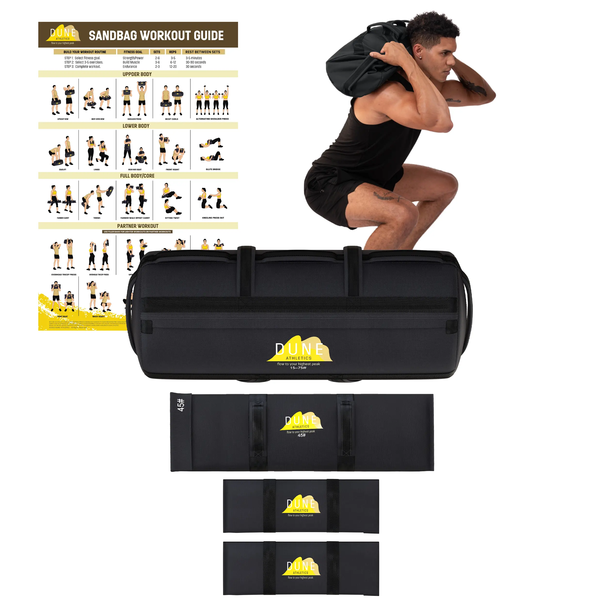 DUNE ATHLETICS - Sandbags for Working Out - Enhance Your Fitness with Our Workout Sandbag, Versatile & Durable Sand Bags for Weight Training | 15-75 lbs - Sandbags for Fitness Guide Included - Sand Bag for Exercise