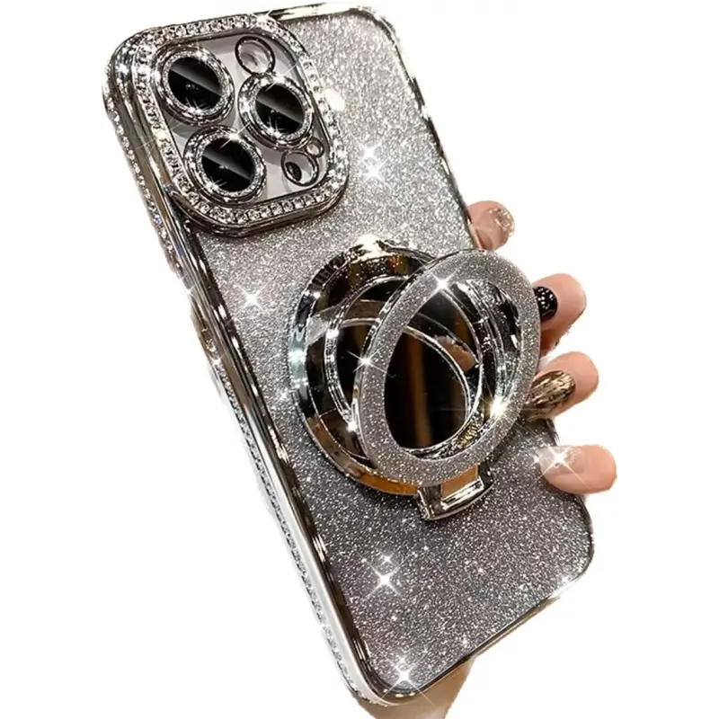 Magnetic Phone Cases for iPhone 17 Pro Max 16 15 14 13 12 Pro Max Plus Magnetic Kickstand Glitter Case, [Compatible with Magsafe] Shockproof Bling Diamond Makeup Mirror Camera Protector Bling Girly Cute Cover for iPhone 17 Pro Max (Silver)