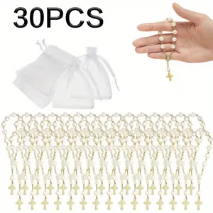 [Decor Gifts] 30 Pieces Mini Rosaries Baptism Rosary Beads Acrylic Ivory Color Finger Baptism Rosaries Faux Pearls with Organza Bags for Christening Weddings Party Favors bridal shower gift
