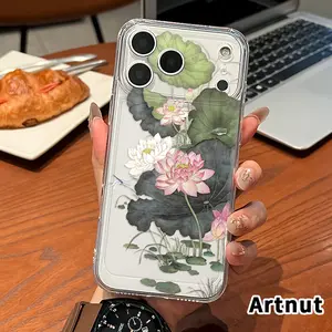 Phone case for iPhone 17 Pro Max Air Promax Elegant lotus Flowers Pattern Non-Yellowing Silicone Transparent Drop Protective Cover.