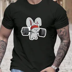 Men's round neck rabbit weightlifting printed T-shirt - Ideal fitness and sports equipment | Short sleeved, comfortable, fashionable for fitness, casual sports, suitable for men, women, mothers and friends, couple style