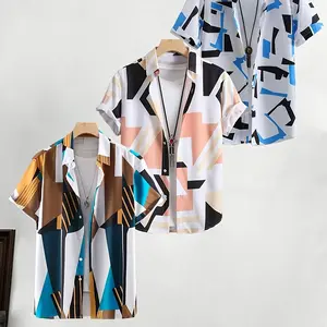 A Set of Three Men'S Vacation Shirts Featuring Geometric Print Short-Sleeve Button-Ups, Perfect for Beach Getaways And Summer Parties