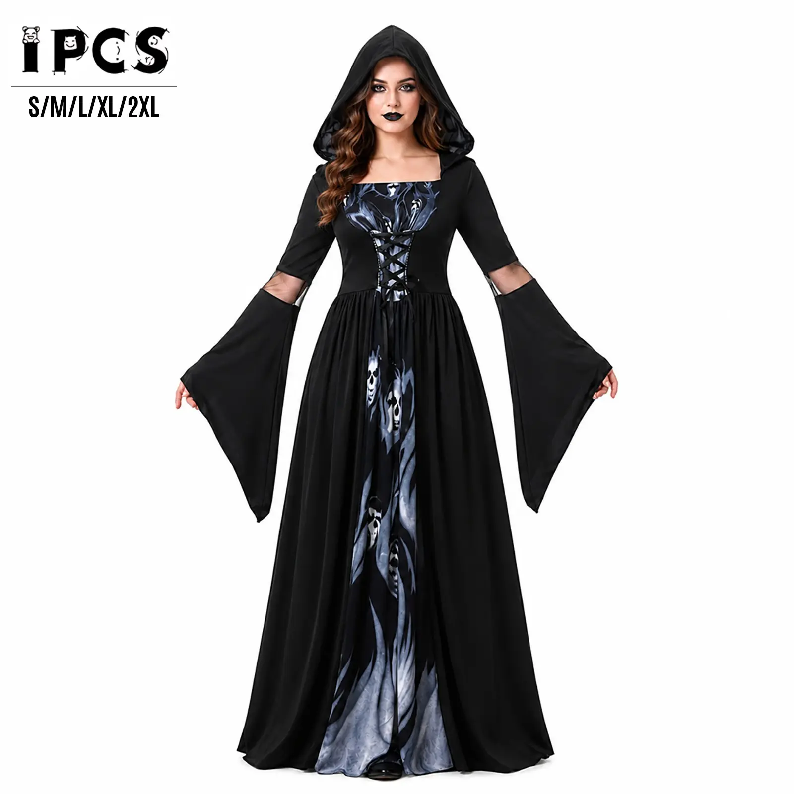 Gothic Style Hooded Roleplay Prop Costume with Skull Print, Cosplay Robe for Halloween, Carnival, Themed Parties, Sizes S-2xl, Womenswear