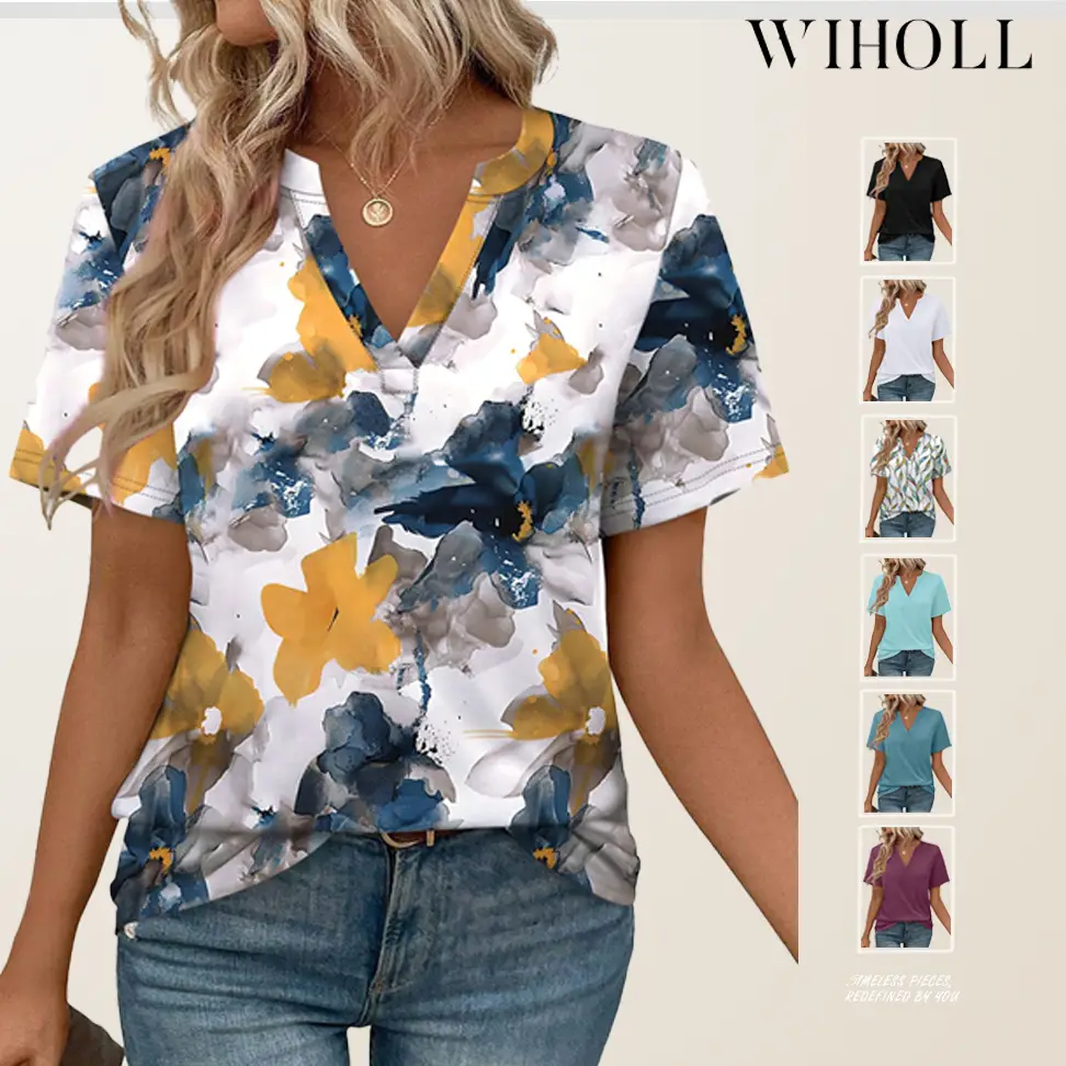 WIHOLL Womens Tops Summer Short Sleeve V Neck Blouses Business Casual Loose Fit Tshirts Trendy Fashion Outfits