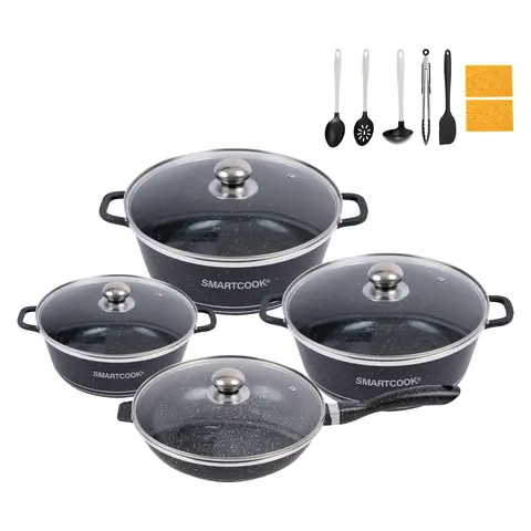 SmartCook Nonstick Cookware Set - Premium Cast Aluminum Pots & Pans, Includes Frying Pans, Saucepan, Utensils, Lids & Granite Silicone Tools Ceramic