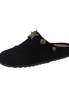 Vintage Star Buckle Slippers, Soft Rubber Sole, Linen Upper, Casual Less Than Ankle Height, Perfect for Outdoor Wear