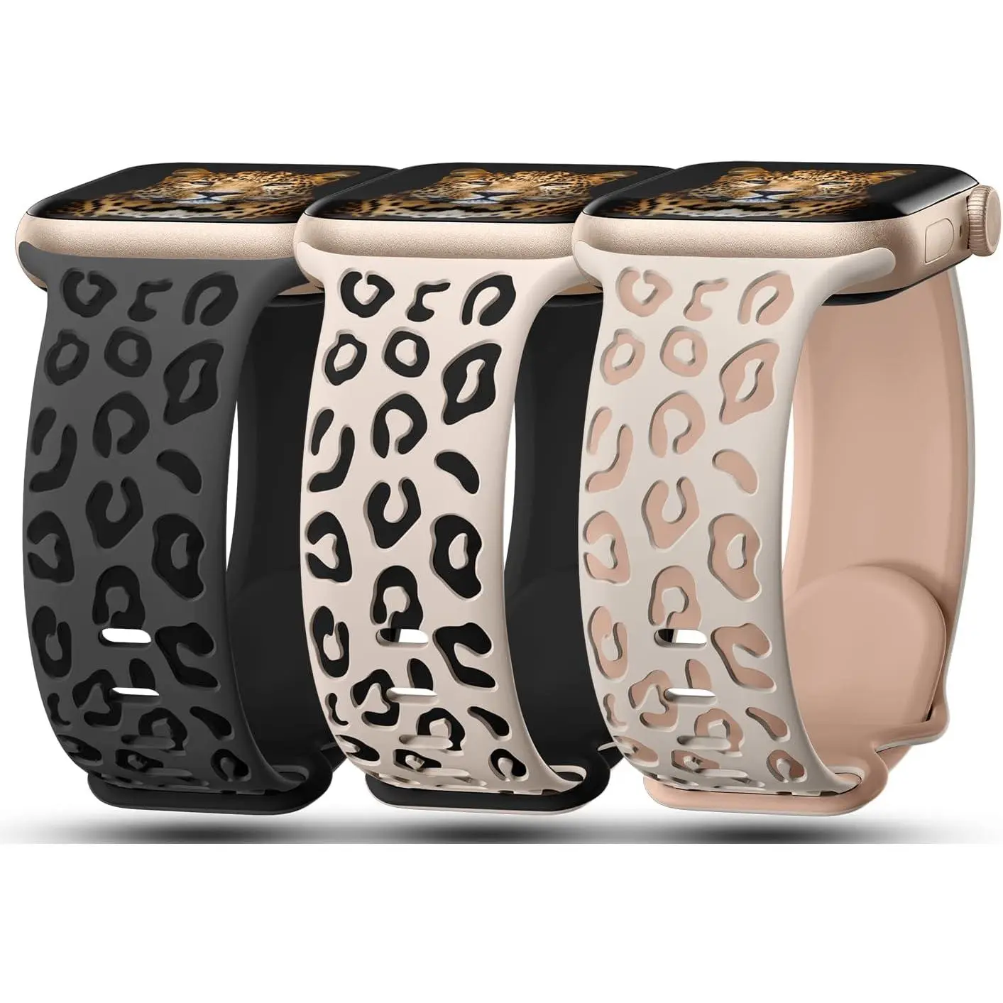 Cute Leopard Print Engraved Watch Bands | Soft Silicone Replacement Straps – 3 Pack