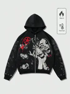 Y2K Dark Comic Portrait Print Hoodie Fashion Casual Warm Zip-Up Sweatshirt American High Street Vintage Trendy Pullover Casual Streetwear Graphic Hooded Sweatshirt 2026 Breathable Soft Lightweight Oversized Loose Fit Streetwear Skateboarding Hip Hop