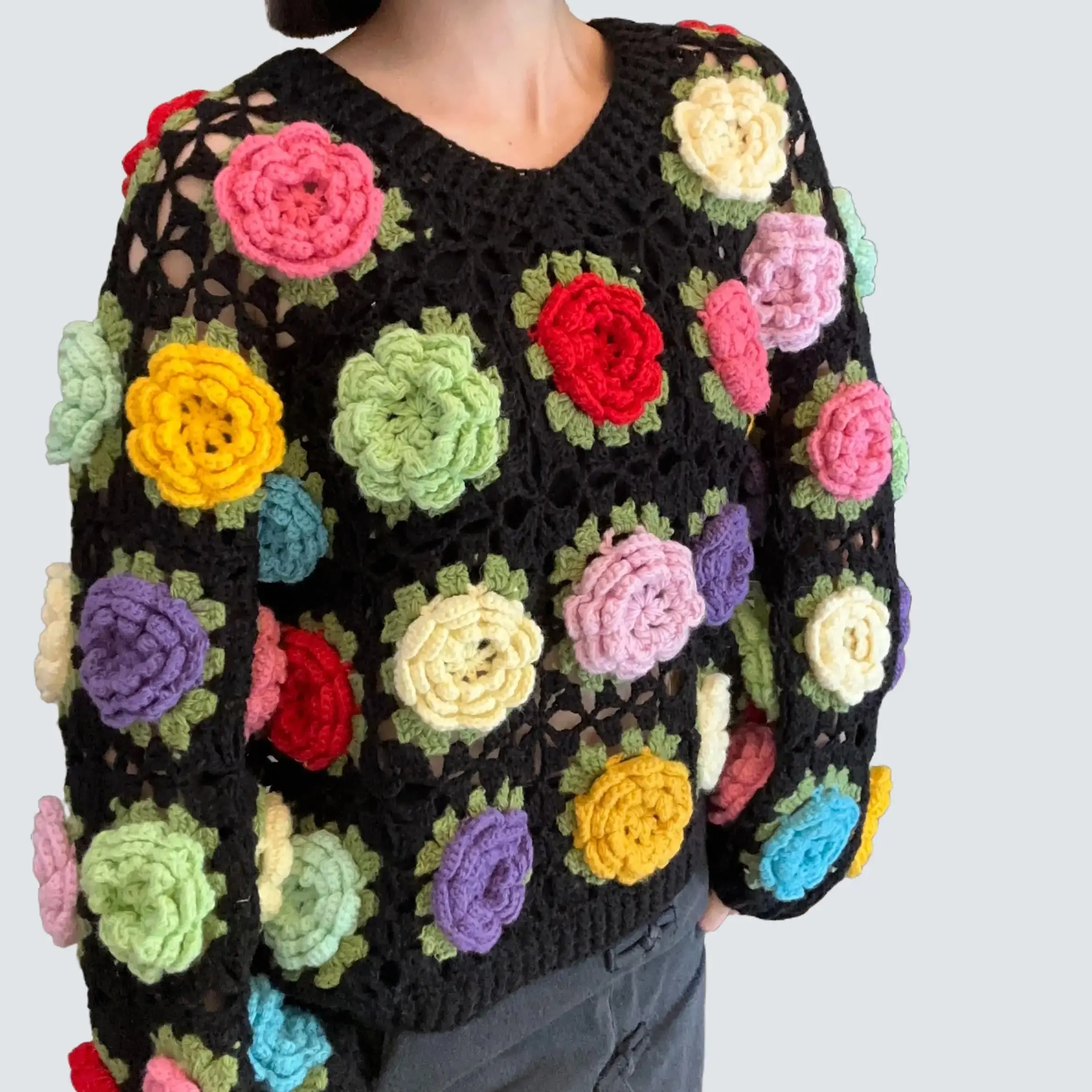 Women's Elegant Handknitted Sweater with 3D Floral Crochet, V-Neck Long Sleeve Wool Pullover for Casual Fashion Style, Knitting, Outfits, Fitted, Holiday, Hollow, Normal Type, Everyday, Knitwear, Top