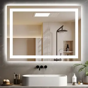 Wall-Mounted Rectangular LED Mirror – Anti-Fog, Dimmable, 3 Color Lights (Warm/Natural/Cool), Front & Backlit, 3 Sizes for Bathroom or Grooming White