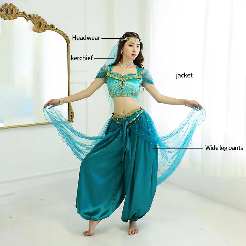 Belly Dance Jasmine Princess Costume Aladdin Halloween Cosplay OutfitTeal for Women/Girls Indian Bollywood Veil Top Pants Set