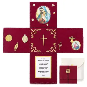 Burgundy Red Felt Pocket Shrine Our Lady of Guadalupe - Handmade Serenity Prayer Travel Altar - Catholic Lent Essentials & Confirmation Gift for Women - Portable Rosary Pouch with Hidden Pocket for Inner Peace