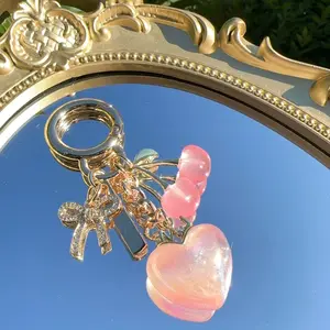 Handmade High quality Gifts pink Cherry  love heart keychain Novelty Rhinestone bow bagcharm