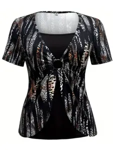 Maroon & Black Stretchy Polyester Blend Print T-Shirt - Square Neck, Short Sleeve, Machine Washable - Perfect for Casual Outings