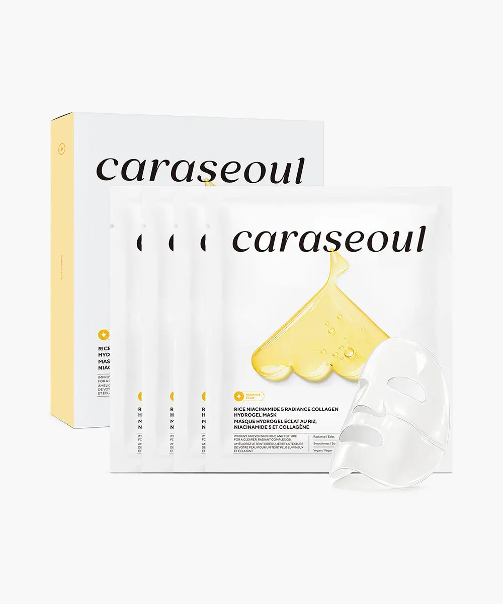 [caraseoul Official] Niacinamide Vegan Rice PDRN Hydrogel Face Mask – Korean Brightening Facial Mask for Glow, Hydration & Radiance, Vegan Sheet Mask - 4 Masks