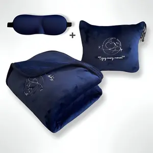 Ultrasoft Plush Compact Travel Blanket with 3D Sleep Mask & Pillow - Navy Blue, Lightweight, Machine Washable, Backpack Clip Included for Easy Travel