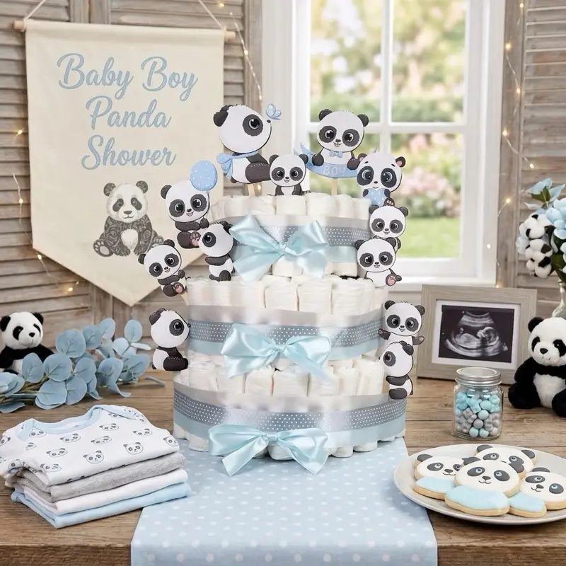 Polka Dot Panda Diaper Cake Kit - Make-Your-Own 3-Tier Gender Neutral Baby Shower Centerpiece & Gift with Reusable Base