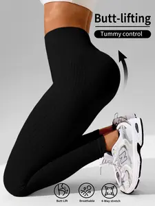 1 Pair Solid - Color Ribbed High - Waisted Yoga Leggings | Butt - Lifting & Tummy - Control Stretch | For Yoga & Daily Wear Shaping Leggings