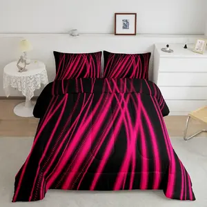 Hot Pink Stripes Comforter,Ombre Hot Pink Black Reversible Designer Comforter Set,Abstract Luxury Bedding Set,Modern Art Duvet Set
