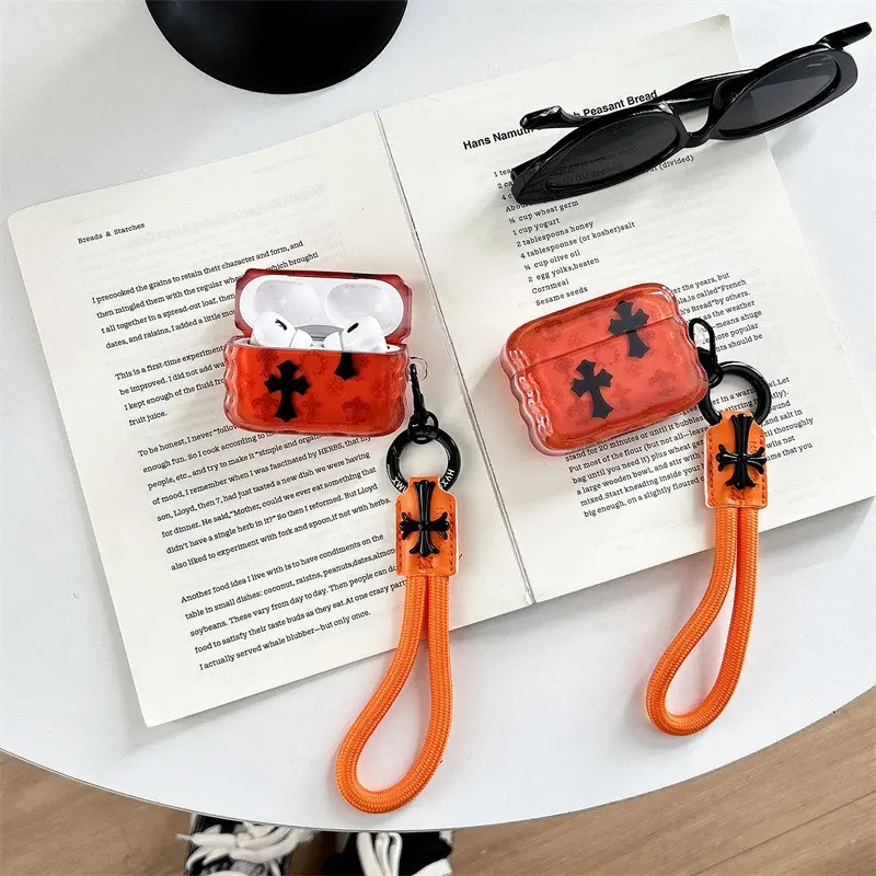 Orange Transparent Wavy-Edge Cross AirPods Case with Braided Wrist Lanyard, Y2K Sweet Cool Shockproof Protective Cover for Apple Earphones