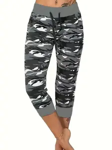 Women's Camo Print Drawstring Waist Capri Pants, Casual Fitted Comfy High Skinny Trousers for Summer, Fashion Bottoms Daily Wear, Comfort, Versatile, Style, Outfit, Essential, Trendy, Chic, Elegant, Classy