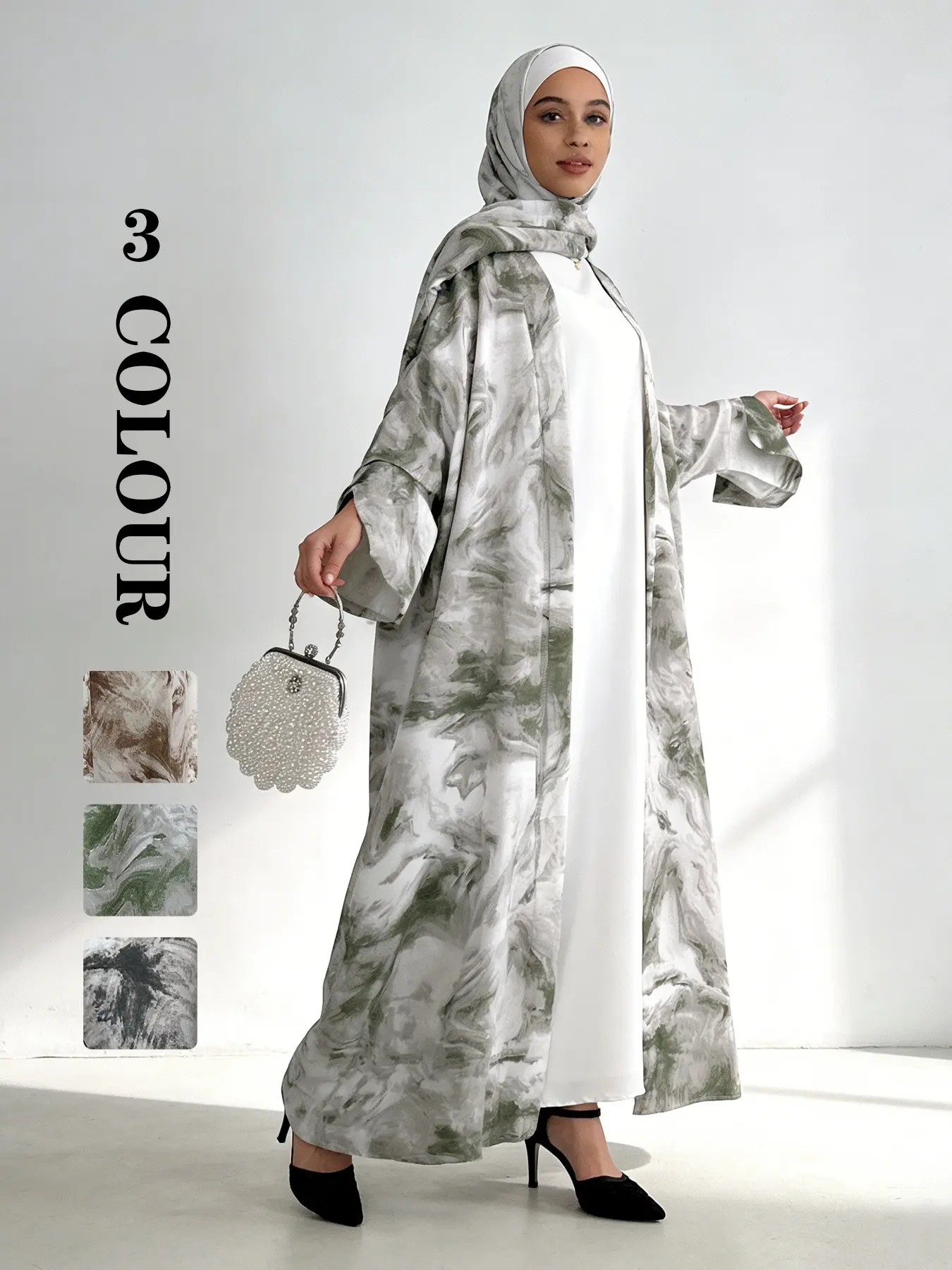 [Includes Hijab Gift] 3 Colour 5 size Women's Modesty Muslim Clothing Art Print Batwing Sleeve Long Robe Abaya Hijab Set Longline Casual Cardigan, Loose-Fitting Vacation Style with Pockets, Outerwear For Muslim