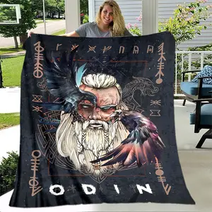 Digital Print Painted Blanket Nordic Elements Viking Rune Men Divination Ravens Flannel Four Seasons Light Weight Blanket Family Padded Blanket Picnic Travel Agency Casual Machine Washable Blanket