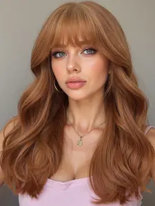 18 Inch Fashionable New Medium Long Wavy Orange Brown Wigs with Bangs, Synthetic Hair Wig Women's Wigs for Ordinary Work, Life, Dance Parties and All Occasions