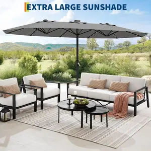 15FT Rectangular Patio Umbrella with Solar and LED Lights, Crank Lift, UV Protection Canopy, Heavy Duty Waterproof and Windproof Design, Includes Base, Ideal for Backyard, Poolside, Garden, Lawn, and Deck