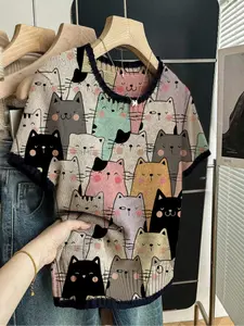 Cartoon Print Round Neck Sweater, Casual Short Sleeve Knitwear for Spring Summer Fall, Comfortable Warm Women's Clothing