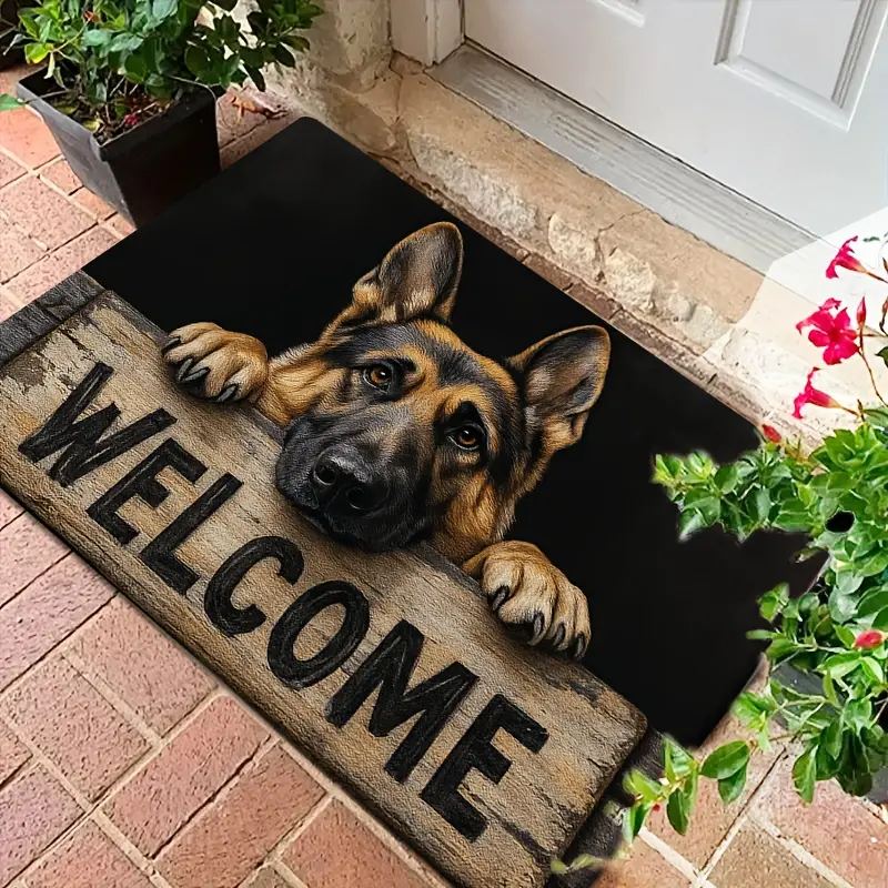 Funny German Shepherd Peeking Decorative Doormat - Funny Doormats with Flannel Fabric, 1cm (0.12in) High Density Sponge, Vintage Wooden Sign Welcome Print, Anti-Slip Base, Machine Washable, Indoor Heat Resistant, Indoor/Outdoor Entryway Mat