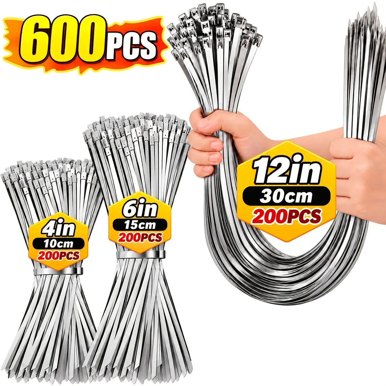 600-Pack 304 Stainless Steel Metal Zip Ties, 4/6/12in 4.6mm Width Heavy-Duty Ties for Exhaust Pipe Wrapping, Automotive Repairs