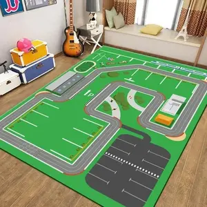 Kids Traffic Road Map Flannel Area Rug - Green Highway & Parking Lot Print Soft Mat with Road Signs, Non-Slip Interactive Play Rug for Playroom #TrafficRoadRug #KidsPlayMap #HighwayPlayMat #InteractivePlayRug #NonSlipFlannelRug