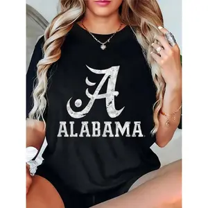 Women's Alabama Distressed Vintage 'A' Graphic T - Shirt Casual Short Sleeve Crew Neck Tee for College Football Fans, State Pride, Daily Outings & Casual Events 100% Cotton T-shirt