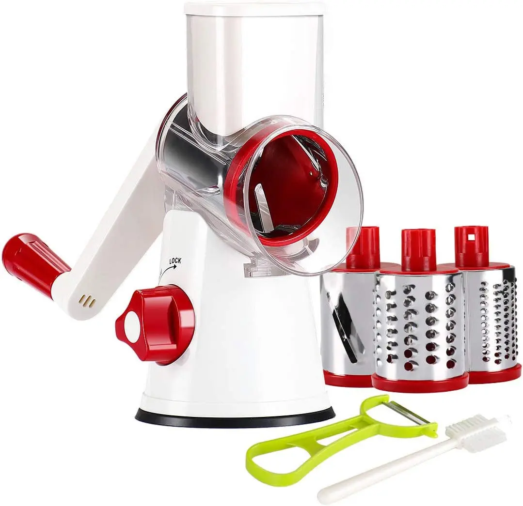 Hand Crank Rotary Cheese Grater and Kitchen Shredder with 3 Drum Blades for Cheese, Vegetables, Chocolate, and Nuts