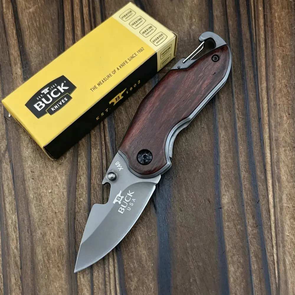 Hot X48 Pocket Folding Knife 5Cr13Mov Blade Wooden Handle Pocket Knife Survival Camping Tool Carry Key Knife EDC Outdoor Knife Survival Gear