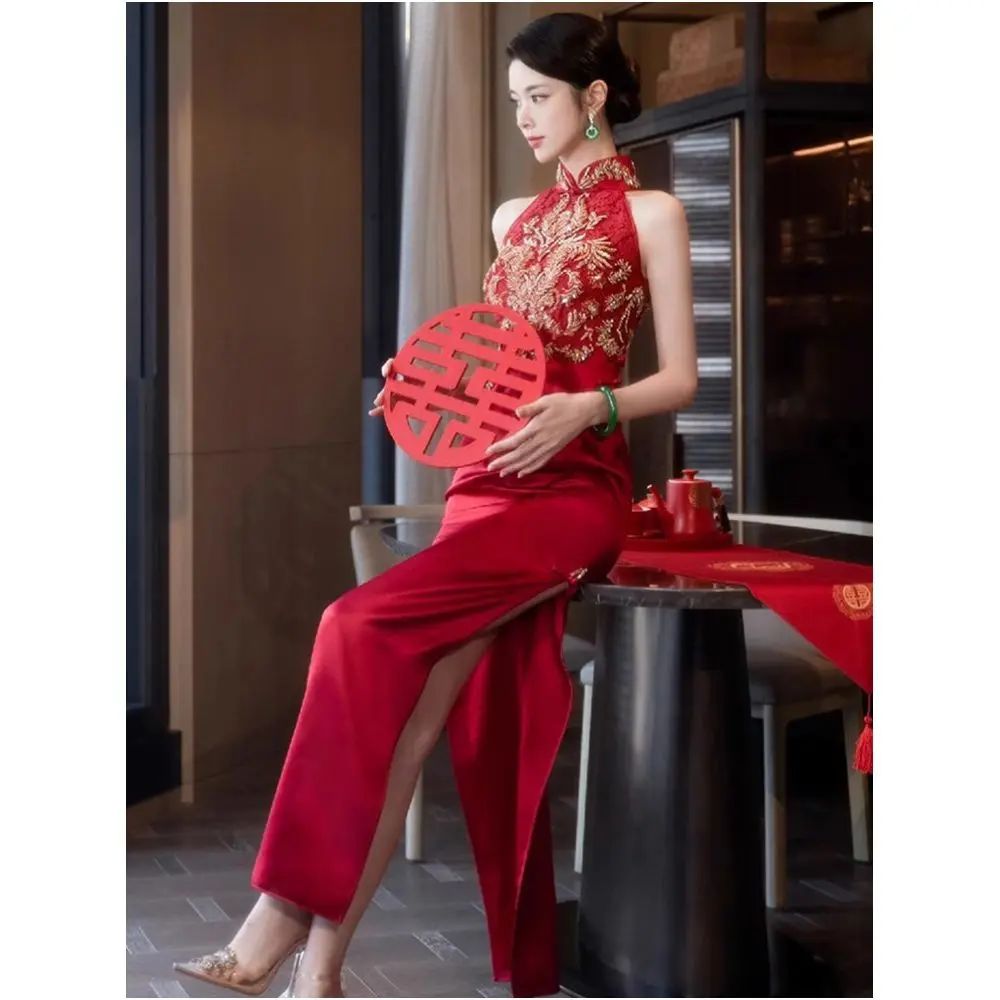 Red Gold-Embroidered Bridal Qipao Dress | Neo-Chinese Cheongsam, Modern Bridal Dress, Wedding & Engagement Wear